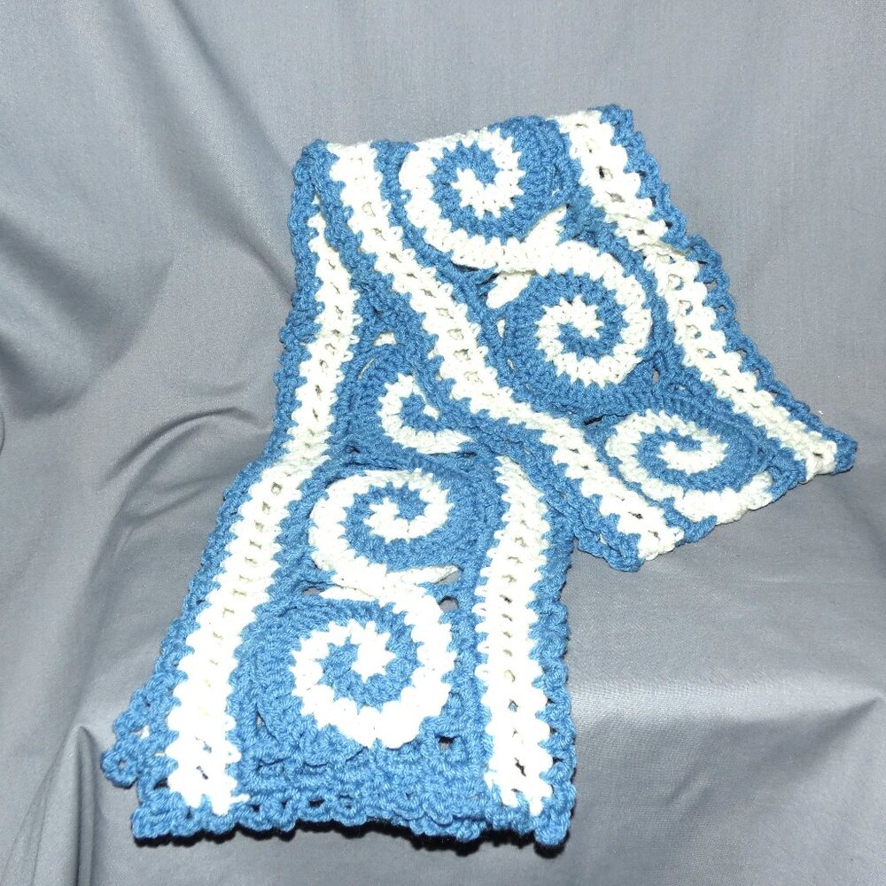 Handmade Crochet Blue and White Swirl Pattern Scarf
